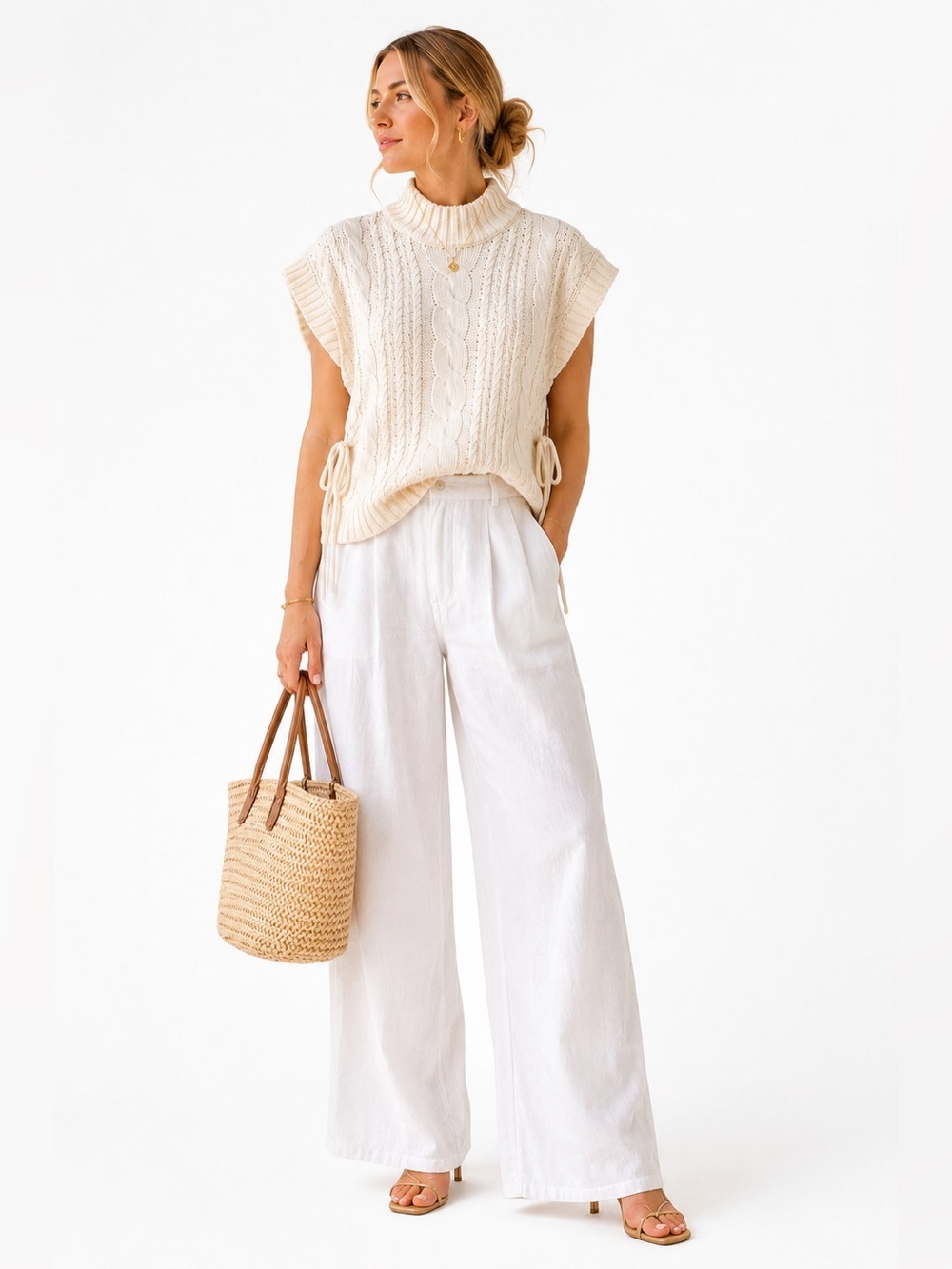 Stella Nova Cream Cable Knit Side Tie Mock Neck Knit Top Size M